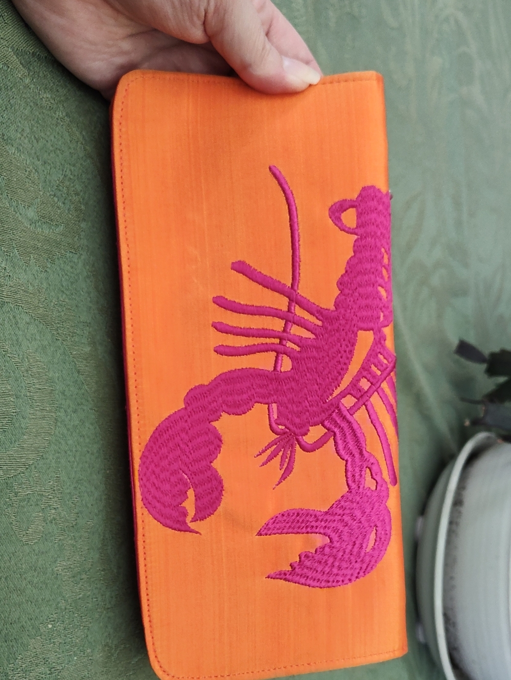 Bright Orange And Pink Embroidered Lobster Clutch